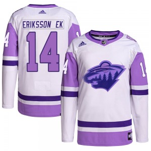Authentic Adidas Adult Joel Eriksson Ek White/Purple Hockey Fights Cancer Primegreen Jersey - NHL Minnesota Wild