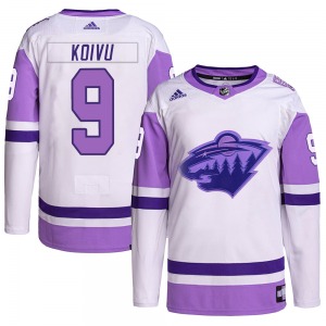 Authentic Adidas Adult Mikko Koivu White/Purple Hockey Fights Cancer Primegreen Jersey - NHL Minnesota Wild