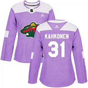 Authentic Adidas Women's Kaapo Kahkonen Purple Fights Cancer Practice Jersey - NHL Minnesota Wild
