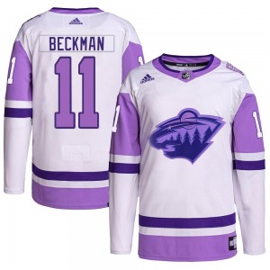 Authentic Adidas Youth Adam Beckman White/Purple Hockey Fights Cancer Primegreen Jersey - NHL Minnesota Wild