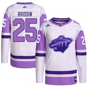Authentic Adidas Youth Jonas Brodin White/Purple Hockey Fights Cancer Primegreen Jersey - NHL Minnesota Wild