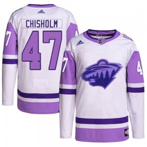 Authentic Adidas Youth Declan Chisholm White/Purple Hockey Fights Cancer Primegreen Jersey - NHL Minnesota Wild