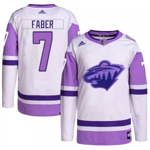 Authentic Adidas Youth Brock Faber White/Purple Hockey Fights Cancer Primegreen Jersey - NHL Minnesota Wild