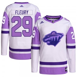 Authentic Adidas Youth Marc-Andre Fleury White/Purple Hockey Fights Cancer Primegreen Jersey - NHL Minnesota Wild