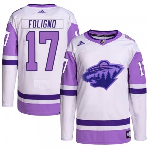 Authentic Adidas Youth Marcus Foligno White/Purple Hockey Fights Cancer Primegreen Jersey - NHL Minnesota Wild