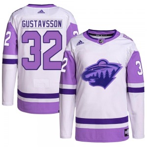 Authentic Adidas Youth Filip Gustavsson White/Purple Hockey Fights Cancer Primegreen Jersey - NHL Minnesota Wild
