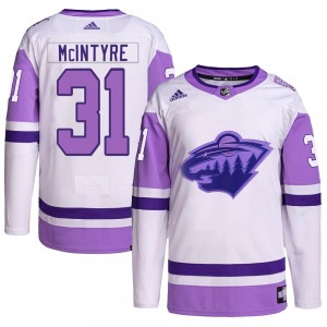 Authentic Adidas Youth Zane McIntyre White/Purple Hockey Fights Cancer Primegreen Jersey - NHL Minnesota Wild