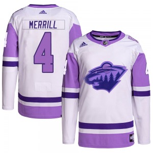 Authentic Adidas Youth Jon Merrill White/Purple Hockey Fights Cancer Primegreen Jersey - NHL Minnesota Wild