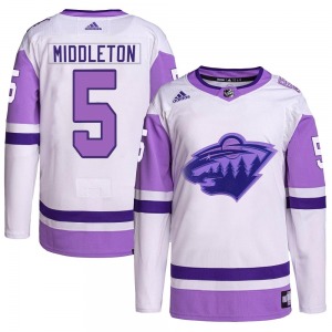 Authentic Adidas Youth Jake Middleton White/Purple Hockey Fights Cancer Primegreen Jersey - NHL Minnesota Wild