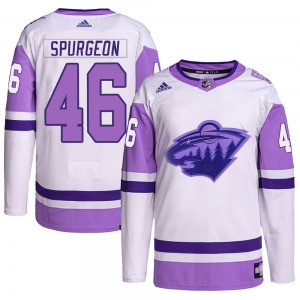 Authentic Adidas Youth Jared Spurgeon White/Purple Hockey Fights Cancer Primegreen Jersey - NHL Minnesota Wild