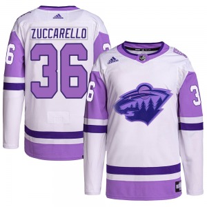 Authentic Adidas Youth Mats Zuccarello White/Purple Hockey Fights Cancer Primegreen Jersey - NHL Minnesota Wild