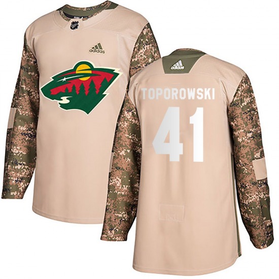 Authentic Adidas Youth Luke Toporowski Camo Veterans Day Practice Jersey - NHL Minnesota Wild