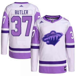 Authentic Adidas Youth Cameron Butler White/Purple Hockey Fights Cancer Primegreen Jersey - NHL Minnesota Wild
