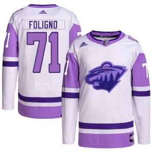 Authentic Adidas Youth Nick Foligno White/Purple Hockey Fights Cancer Primegreen Jersey - NHL Minnesota Wild