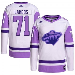 Authentic Adidas Youth Carson Lambos White/Purple Hockey Fights Cancer Primegreen Jersey - NHL Minnesota Wild