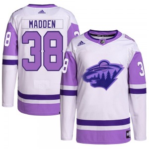 Authentic Adidas Youth Tyler Madden White/Purple Hockey Fights Cancer Primegreen Jersey - NHL Minnesota Wild
