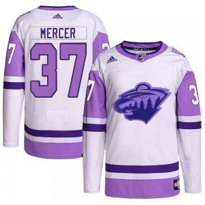 Authentic Adidas Youth Riley Mercer White/Purple Hockey Fights Cancer Primegreen Jersey - NHL Minnesota Wild