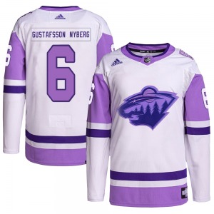 Authentic Adidas Youth Viking Gustafsson Nyberg White/Purple Hockey Fights Cancer Primegreen Jersey - NHL Minnesota Wild