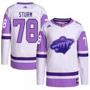 Authentic Adidas Youth Nico Sturm White/Purple Hockey Fights Cancer Primegreen Jersey - NHL Minnesota Wild