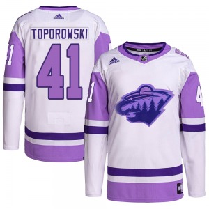 Authentic Adidas Youth Luke Toporowski White/Purple Hockey Fights Cancer Primegreen Jersey - NHL Minnesota Wild